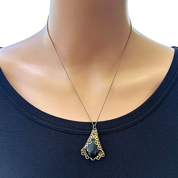 Vintage CACO Pendant Necklace 1/20th Gold Fill Black Onyx 18 Inch Length - Picture 2 of 5